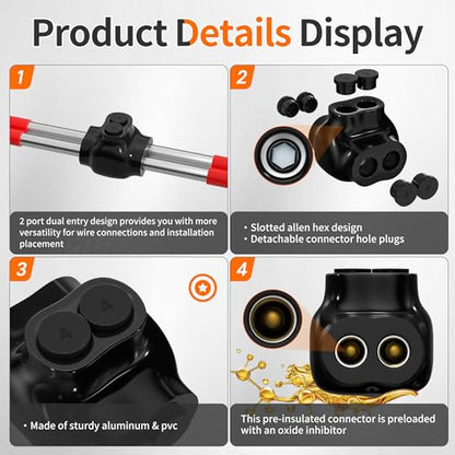 2 Port Insulated Multi Tap Connector 4-14AWG Aluminum to Copper Wire Connectors Dual Entry Black Electrical Cable Connectors with Slotted Allen Hex - 6 Pack - size: 4-14 AWG