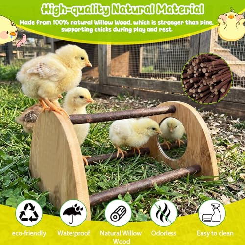 Mini Chick Perch with Mirror, Natural Willow Wood Roosting Bar for Coop&Brooder, Anti-Slip Training Perch for Baby Chicks, El Pollitos, La Pollita, Easy to Assemble&Clean, Fun Toys for Chick