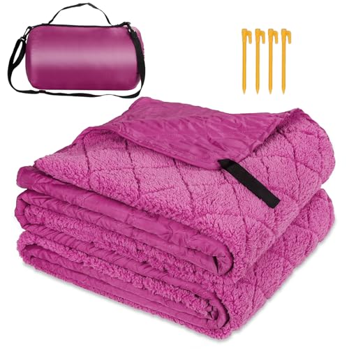 Waterproof Camping Blanket with Sherpa Lining 55”X 82”, Large Outdoor Blankets for Camping for Cold Weather, Windproof Stadium Blanket for Sports, Car, Picnic, Adults, Machine Washable, (Purple, 1PCS) - color: Sherpa-purple, size: 55"x 82"