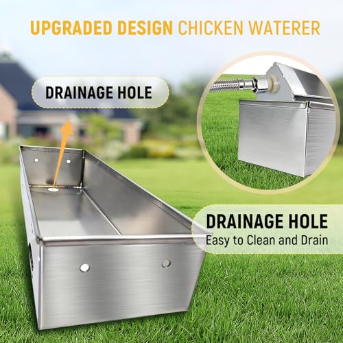Automatic Chicken Waterer Dispenser Stainless Steel Poultry Waterer Dispenser with Float Valve Kit and Drain Hole Hanging Chicken Watering System for Hen Pigeon Duck Goose Turkeys