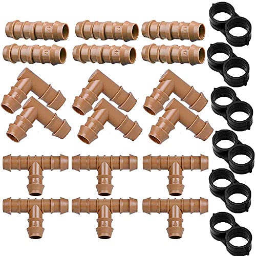 JAYEE 24P Drip Irrigation Fittings Kit for 1/2" Tubing (.600 ID), 17mm Parts- 6 Tees, 6 Couplings, 6 Elbows,6 End Cap Plugs- Barded Connectors for Rain Bird Pipe and Sprinkler Systems (24 Pieces Set) - color: 24P Drip Irrigation Fittings Kit