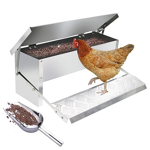 Automatic Chicken Feeder 5L Treadle Galvanized Steel Poultry Feeders Self-Opening Automatic Food, with Weatherproof Lid Rain Cover for Roosters Pheasant Chicken Outdoor Coop