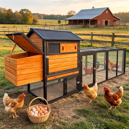 Large Chicken Coop with Run Wooden112.6 Portable Poultry Cage with Hardware Cloth Chicken House for 2-6 Chickens with 2 Nesting Boxes 3 Perches Removable Tray - color: BROWN＆BLACK