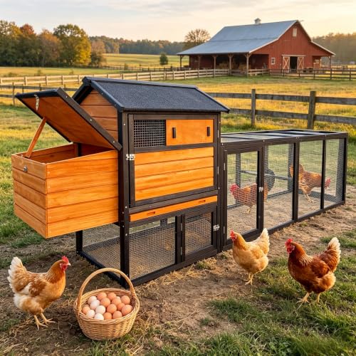 Large Chicken Coop with Run Wooden112.6 Portable Poultry Cage with Hardware Cloth Chicken House for 2-6 Chickens with 2 Nesting Boxes 3 Perches Removable Tray - color: BROWN＆BLACK