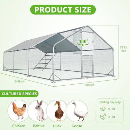 Large Chicken Coop,Metal Chicken Run for Yard with Feeding Door,Walk-in Chicken Pen for 20-30 Chickens,Outdoor Poultry Cage with Anti-UV Cover,Duck Rabbit House