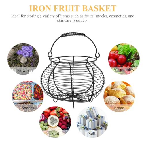 Metal Wire Egg Basket Easter Farmhouse Round Iron Fruit Basket with Handle Egg Food Collecting Holder Countertop Kitchen Storage Rustic Table Spring Festival Party Centerpiece Decor, Black
