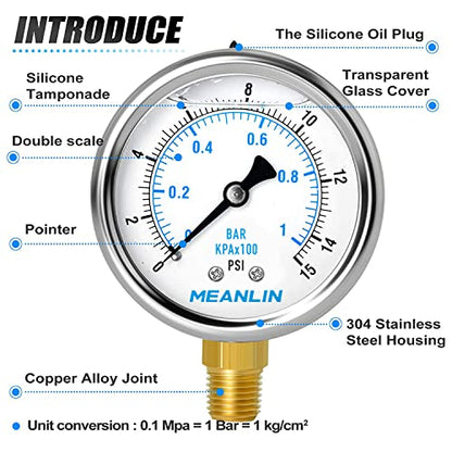 MEANLIN MEASURE 0~15Psi Stainless Steel 1/4" NPT 2.5" FACE DIAL Liquid Filled Pressure Gauge WOG Water Oil Lower Mount, with 1/2" NPT and 3/8" NPT Hex Bushing - size: 0-15Psi