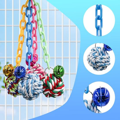 4-Pack Colorful Bird Chew Toys – Cotton Rope Balls with Chains & Bells for Small/Medium Parrots | Shredding & Play Enrichment for Budgies, Cockatiels, Lovebirds, Conures
