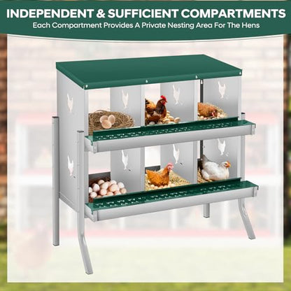 GarveeTech Chicken Nesting Box with Legs, 6 Compartment Metal Hen House, Elevated Design for Cleaner Eggs, Easy Egg Collection & Durable Poultry Nesting Solution - size: Green-6 Compartments with legs