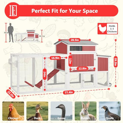 78" Wooden Chicken Coop with Nesting Box, Poultry Cage with Wheel Leak Proof Pull-on Tray and Asphalt Waterproof Roof, Hen House for Garden Backyard Farm - color: Red, size: 25.6"L x 39.4"W x 77.4"H