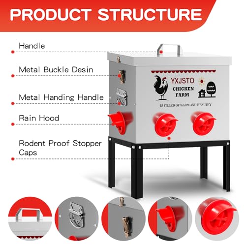 40LB Automatic Chicken Feeder with 6 Ports, Heavy Duty Metal No-Waste Poultry Feeder, Rustproof & Weatherproof Design with Adjustable Legs & Locking Lid