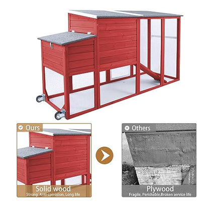 PetsCosset 75" Wooden Chicken Coop with Run and Wheels for 1–4 Chickens, Backyard Hen House with Nesting Box, Removable Tray, Ramp & Weather-Resistant Roof, Red - color: Chicken Coop large-Red, size: 75.0"L x 26.0"W x 39.0"H