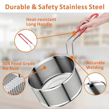 Deep Fryer Basket, 7.8''x4'' Fry Only, Round Stainless Steel Frying Baskets with Heat Resistant Silicone Handle, for Kitchen Cooking Strainer Colander, Serving Food, Ideal for Gift, 3-Quart - size: 7.8'' Deep Fry Basket