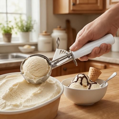 TOPKITCHEN Commercial-Grade Ice Cream Scoop 5.33 oz, 18/8 Stainless Steel Cookie Scoop with Plastic Handle, Portion Control Disher Scoop for Bakeries,Restaurants & Dessert Shops, #6, White - size: 5.33 oz - White