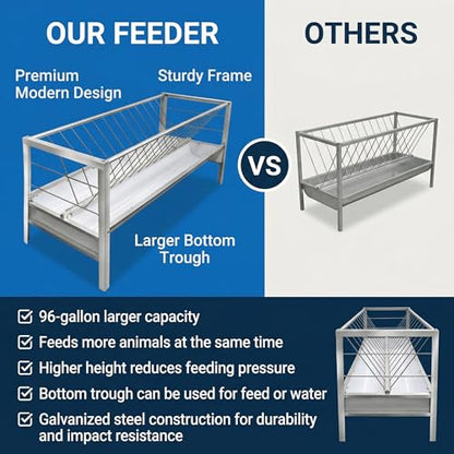 96 Gallon Goat Hay Feeder, 2 in 1 Hay Feeder for Goats, 5 Ft Long Feeding Tray for Livestock Feeder, Feeding Goats, Sheep and Ponies, for Farms, Sheep Sheds (Galvanizing)