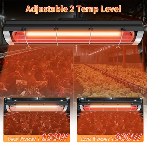 Chicken Coop Heat Lamp, 300W Brooder Heater for Chicks, Carbon Fiber Bulb Heater with 2-Level Temp, 6.6ft Cord UL Passed Adjustable Hanging Height, Livestock Indoor Warmer