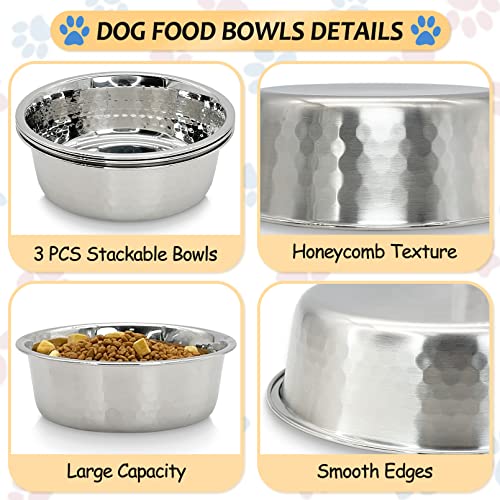 Fhiny 3 Pack Hammered Stainless Steel Dog Bowls, 4 Cups/32 Oz Premium Metal Puppy Feeder Bowl Set for Raised Feeding Station Basic Kitten Food & Water Dishes for Small & Medium Pets Dishwasher Safe - size: 4 Cups/32 Oz
