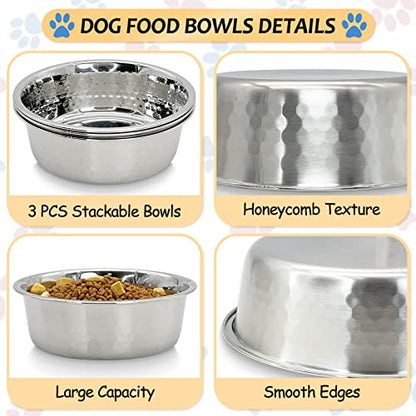 Fhiny 3 Pack Hammered Stainless Steel Cat Bowls, 2 Cups/16 Oz Premium Metal Puppy Feeder Bowl Set for Raised Feeding Station Basic Kitten Food & Water Dishes for Small & Medium Pets Dishwasher Safe - size: 2 Cups/16 Oz