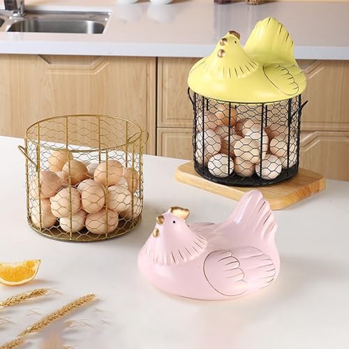 Chicken Egg Basket, Chicken Egg Holder, Black Wire Chicken Egg Collection Baskets with Ceramic Lid and Handle for Gathering Fresh Eggs, Farmhouse Style Egg Storage Container for Kitchen(Yellow) - color: Yellow