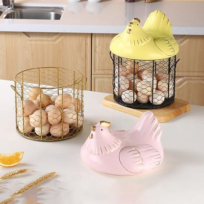 Chicken Egg Basket, Chicken Egg Holder, Black Wire Chicken Egg Collection Baskets with Ceramic Lid and Handle for Gathering Fresh Eggs, Farmhouse Style Egg Storage Container for Kitchen(Yellow) - color: Yellow
