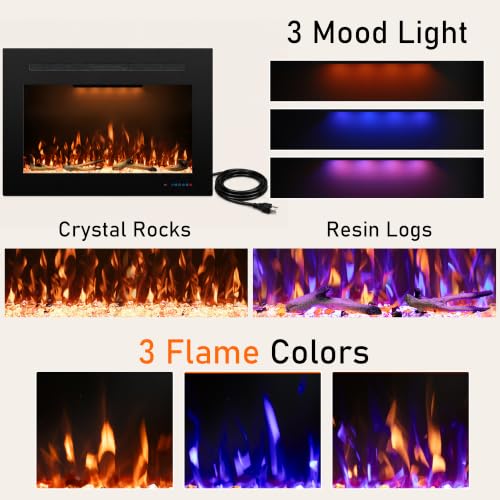 Electric Fireplace Inserts with 3 Flame & Top Light Color, Recessed Fireplace Heater with Thermostat, 750/1500W, Crackling Sound, Logs & Crystals, Timer, 32.2" W x 19.6" H Rear - size: 36"W21"H