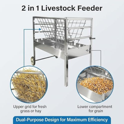 Galvanized Steel Hay Feeder for Goats, 70 Gallon Rolling Feed Trough with Collection Tray, Outdoor Pasture Hay Rack for Sheep and Livestock
