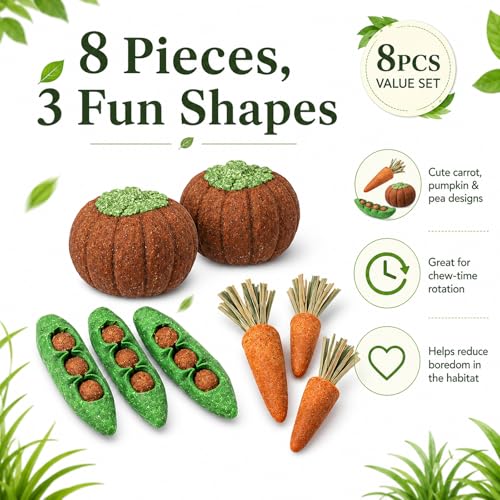 HERCOCCI 8Pcs Guinea Pig Chew Toys, Hamster Toys Prevent Excessive Teeth Growth Natural Vegetables Carrot and Timothy Grass for Guinea Pig Rabbit Chinchillas Gerbil