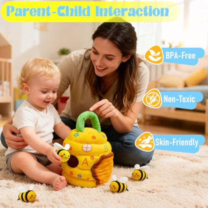 Baby Toys 6-12 Months, Beehive Montessori Toys for 1 Year Old with 5 Sensory Bees Stuffed Animals, Crinkle, Rattles, Squeaker, Jingle Bells, Mirror, Infant Toy Birthday Christmas Gift