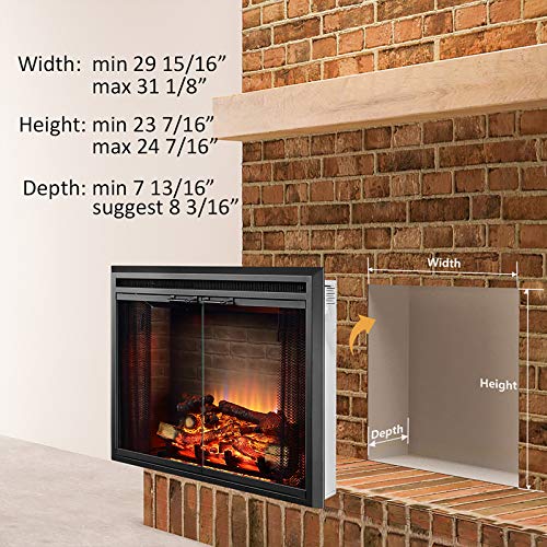 PuraFlame Klaus Electric Fireplace Insert with Fire Crackling Sound, Glass Door and Mesh Screen, 750/1500W, Black, 29 15/16 Inches Wide, 23 3/16 Inches High - size: 30" without Trim