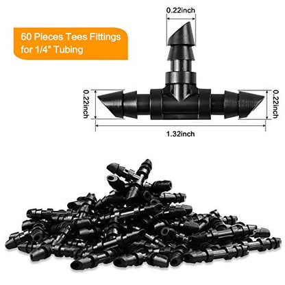 1/4" Drip Irrigation Tee Fittings, 60 Pieces Barbed Tee Connectors for 1/4 Inch Tubing, Drip Line 3-Way T Parts for Sprinkler Garden Lawn Irrigation System - size: 4/7mm Tees-60P