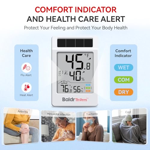 BaldrTherm Digital Hygrometer Indoor Outdoor Thermometer,Wireless Temperature Humidity Monitor with 330ft/100m Range, Multi-Zone Detection, Dual Power Supply & Trend Visualization, 1 Pack