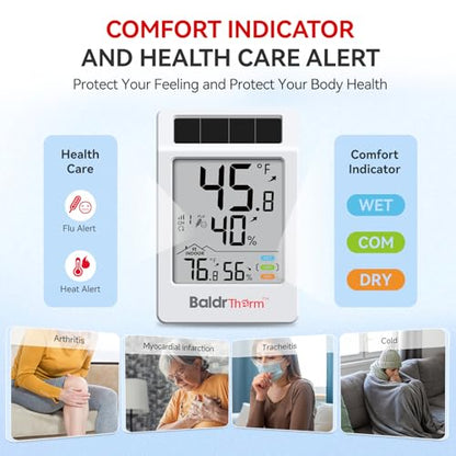 BaldrTherm Digital Hygrometer Indoor Outdoor Thermometer,Wireless Temperature Humidity Monitor with 330ft/100m Range, Multi-Zone Detection, Dual Power Supply & Trend Visualization, 1 Pack