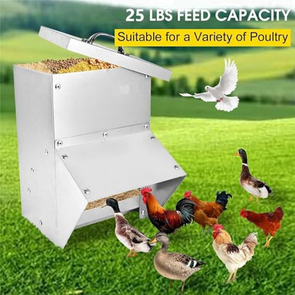 shengyi 11.5-55lbs Galvanized Chicken Feeder - Rat Proof Poultry Feeder with Lid Weatherproof Outdoor Coop Food Dispenser (25lbs 12.9x8.3x18.9in) - size: 25lbs 12.9x8.3x18.9in