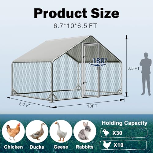 Large Metal Chicken Coop, Walk - in Chicken House, Outdoor Chicken Coop for 5-10 Chickens Yard/Farm/Ranch Outdoor Fresh Egg Supply (6.7x10x6.5 FT)