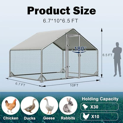 Large Metal Chicken Coop, Walk - in Chicken House, Outdoor Chicken Coop for 5-10 Chickens Yard/Farm/Ranch Outdoor Fresh Egg Supply (6.7x10x6.5 FT)