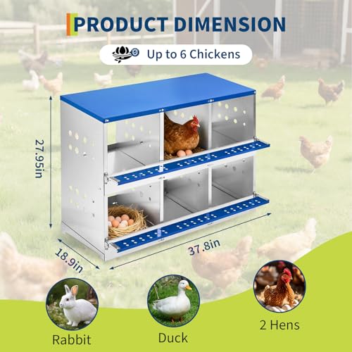 Chicken Nesting Box, 6 Compartment Nesting Boxes for Chickens, Durable Galvanized Steel, Ventilated with Dot Holes, Non-Slip, Wall Mountable Nesting Boxes for Chicken, Partitioned Design, Blue - size: 6 Compartment