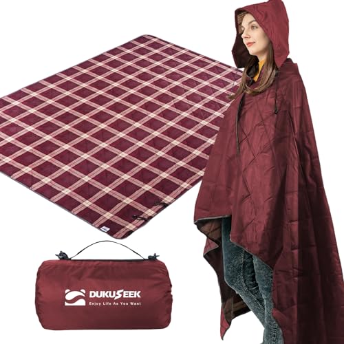 DUKUSEEK Large Waterproof Camping Blanket, Cold Weather Warm Fleece Blankets Windproof Triple Layers for Stadium,Camping, Concerts, Car, Dog - color: Wine Red Outer With Red Plaid Fleece