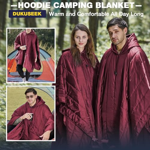 DUKUSEEK Outdoor Wearable Camping Blanket, Large Packable Backpacking Hooded Stadium Blankets, Lightweight Warm Quilt for Picnic, Hiking, Football, 79"X56", Wine Red - color: Wine Red - Wearable Camping Blanket