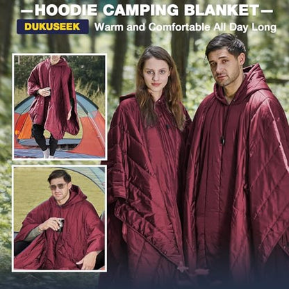 DUKUSEEK Outdoor Wearable Camping Blanket, Large Packable Backpacking Hooded Stadium Blankets, Lightweight Warm Quilt for Picnic, Hiking, Football, 79"X56", Wine Red - color: Wine Red - Wearable Camping Blanket