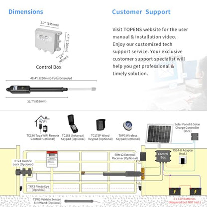 TOPENS A8S Automatic Solar Gate Opener for Heavy Duty Single Swing Gate Up to 18ft, Single Swing Gate Operator Battery Powered with Remote Control Kit Gate Motor Solar Panel Included - size: 880lbs