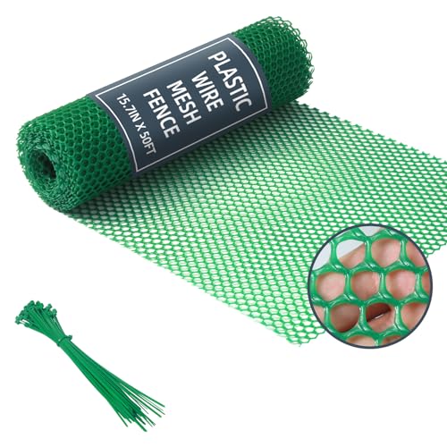 Plastic Wire Mesh Fence, 1.3ft x 50ft /15.7in x 600in Plastic Chicken Wire Fence Mesh Versatile Plastic Fencing Wire Netting Poultry Animal Barrier Fence with 150 Zip Ties for Garden & Farm, Green - color: Green