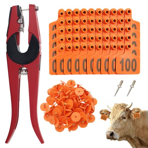 Cattle Ear Tags Numbered 001-100 with Pliers, Plastic Livestock Animal Ear Tag for Cows Goats Sheep Pigs (Orange) - color: Orange