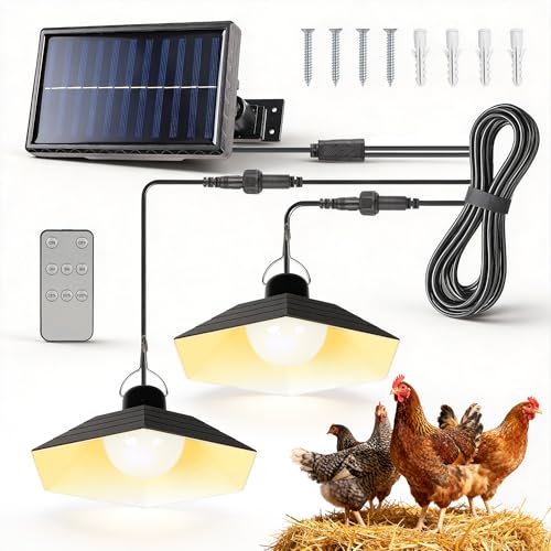Solar Chicken Coop Light with Timer, 2 Lights Warm White Shed Light with Remote & Dusk to Dawn Sensor, Waterproof Hanging Pendant Lamp for Outdoor Indoor Barn, Gazebo, Poultry, Greenhouse