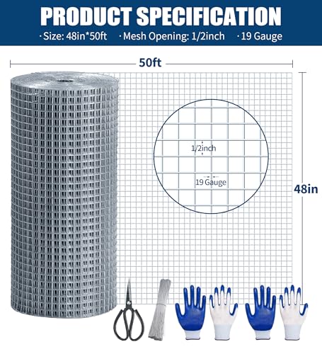Hardware Cloth 1/2 Inch 48 in x 50 ft 19 Gauge, Hot Dip Galvanized Wire Mesh Rolls Welded Chicken Wire Fencing for Chicken Coop Barrier, Poultry Netting Cage Wire Fence(1/2 inch 48''× 50') - color: Silver(48in*50ft)