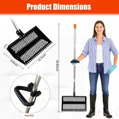 17inch Width Heavy Duty 2-in-1 Chicken Poop Scooper & Rake, Stainless Steel Chicken Coop Litter Sifting Shovel with Ergonomic Grip & Adjustable Angle, Sand Scoop for Coop, 37-54 Inch (17inch) - size: 17inch