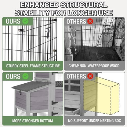 Large Chicken Coop Outdoor Waterproof Poultry House with Run, Asphalt Roof Wooden Hen Cage, Easy Clean Slide-Out Tray, Nesting Boxes for 2-6 Chickens, Ducks, Rabbits, Backyard Farm Garden Use