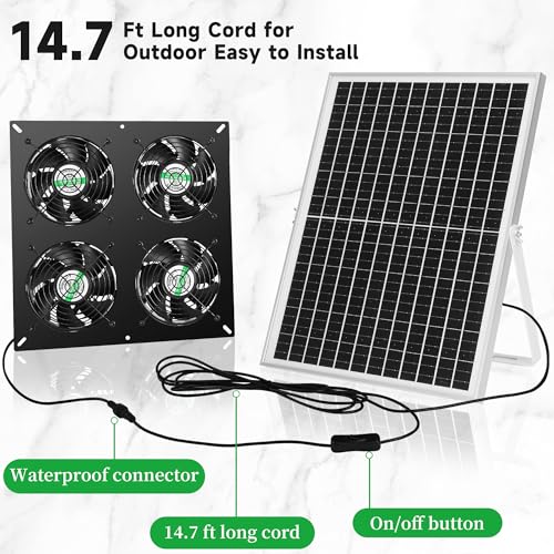 blessny 25W Solar 4 Fan Kit for Outdoor Greenhouse, Solar Powered Vent Exhaust Ventilation Fan for Chicken Coop, Shed Air Circulation, 14.7 Ft Long Cord with IP65 Weatherproof Rate - size: 4 Fan Kit