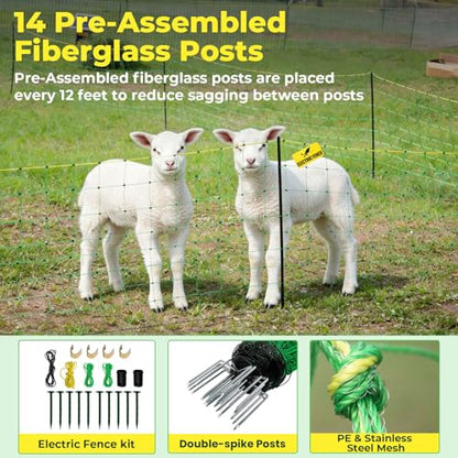 Electric Fence Netting, 164'L x 49.6" H, Portable Electric Fence for Livestock, Goat, Cattle, Sheep, PE Net Fencing Kit for Backyards, Ranches, Farms, Patio, Goat Fencing with 14 Posts Double Spiked