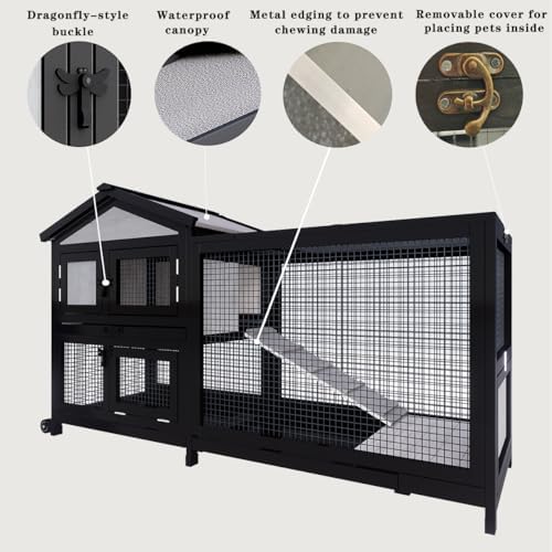 Uoyotar 57" Indoor Rabbit cage,Rabbit Hutch Bunny Cage Outdoor Guinea Pig Cage Small Chicken Coop with 2 Wheels with Bedding, Pull Out Tray no Leak,Waterproof Roof,2 Story Solid - size: 58.0"L x 22.1"W x 32.4"H