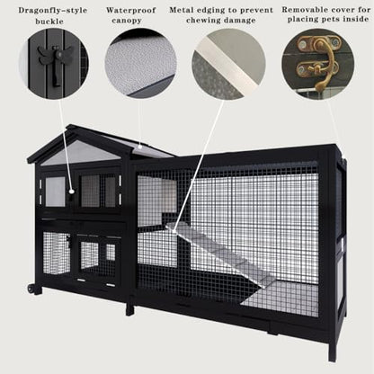 Uoyotar 57" Indoor Rabbit cage,Rabbit Hutch Bunny Cage Outdoor Guinea Pig Cage Small Chicken Coop with 2 Wheels with Bedding, Pull Out Tray no Leak,Waterproof Roof,2 Story Solid - size: 58.0"L x 22.1"W x 32.4"H